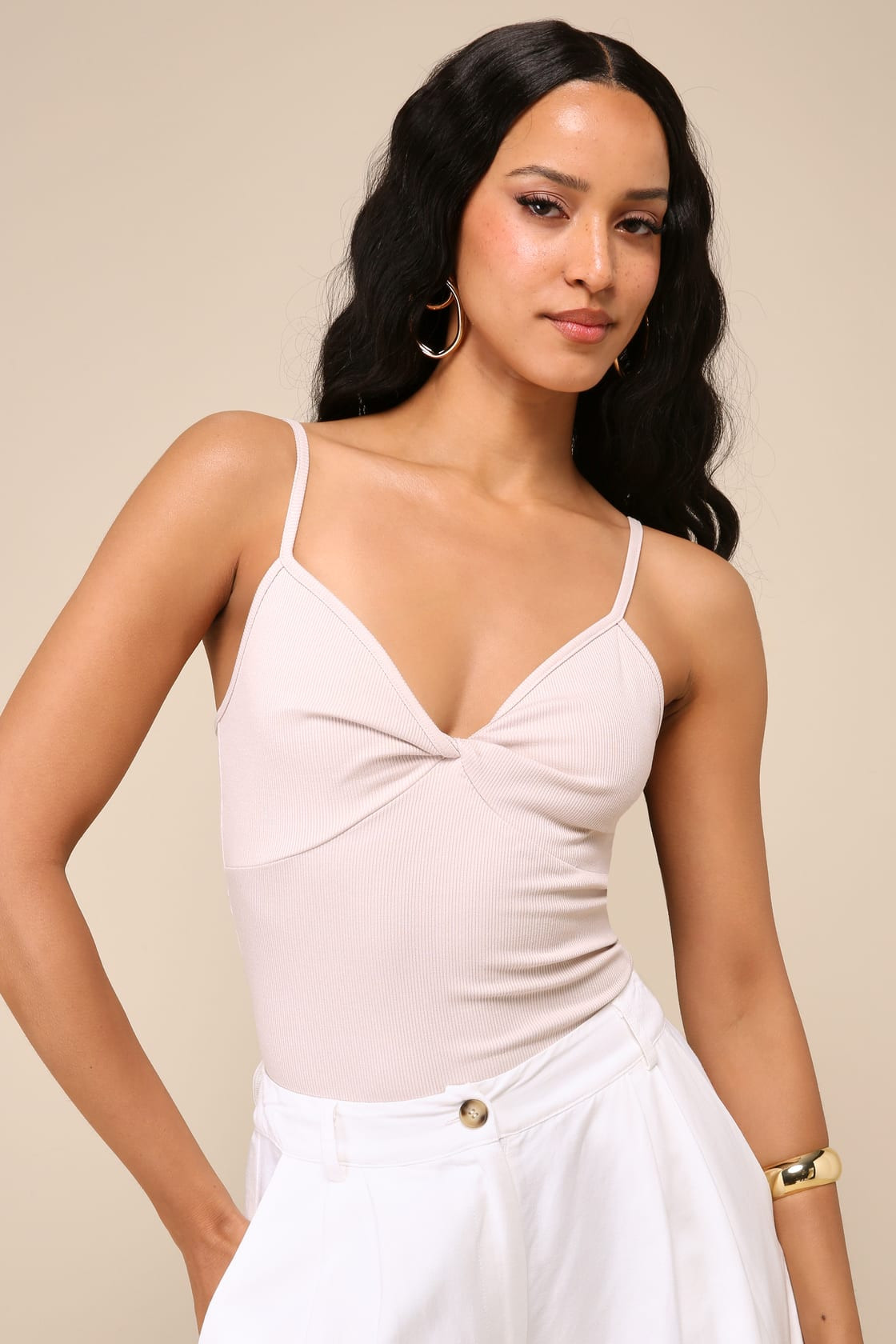 So Quintessential Beige Ribbed Knit Twist-Front Tank Top | Lulus