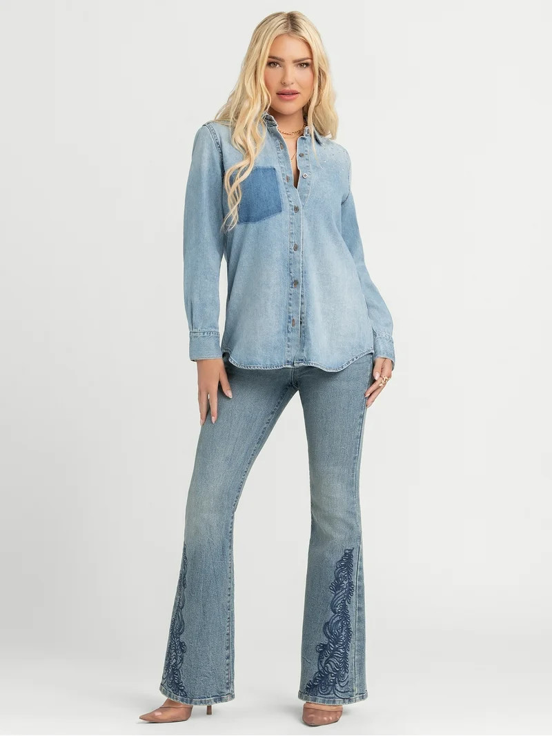 Jessica Simpson Women's Embellished Two Tone Denim Shirt with Long Sleeves, Sizes XS-XL | Walmart (US)