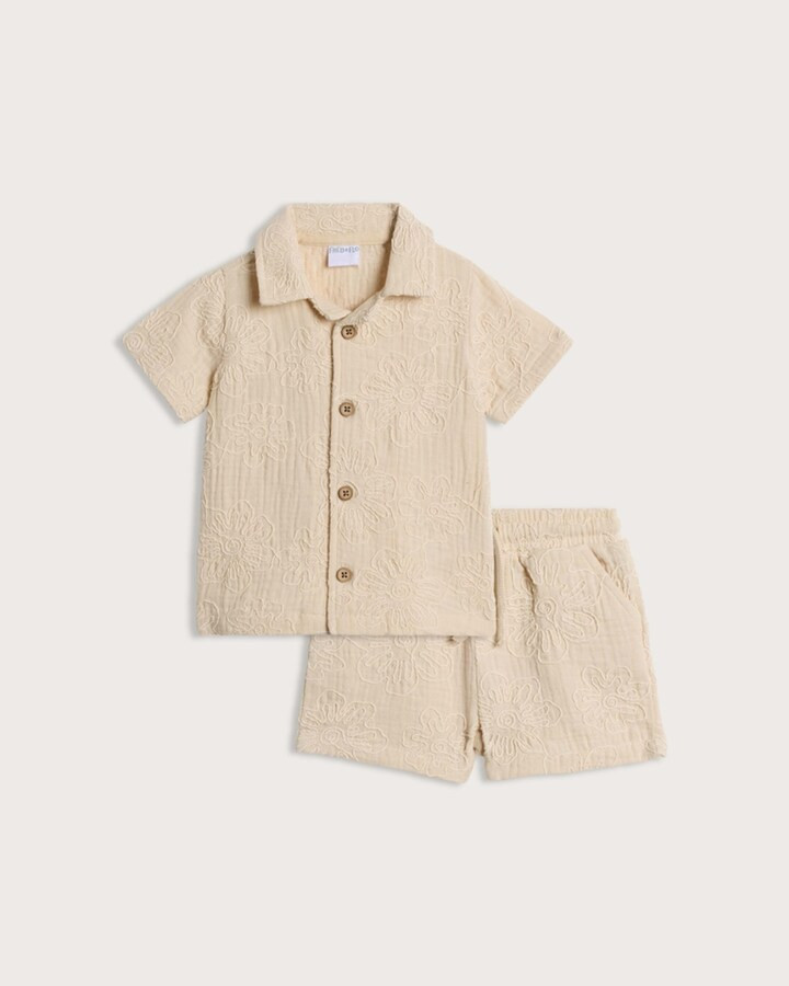 F&F Baby 2-Piece Pure Cotton Embroidered Shirt and Shorts Set in Stone | Tesco F&F