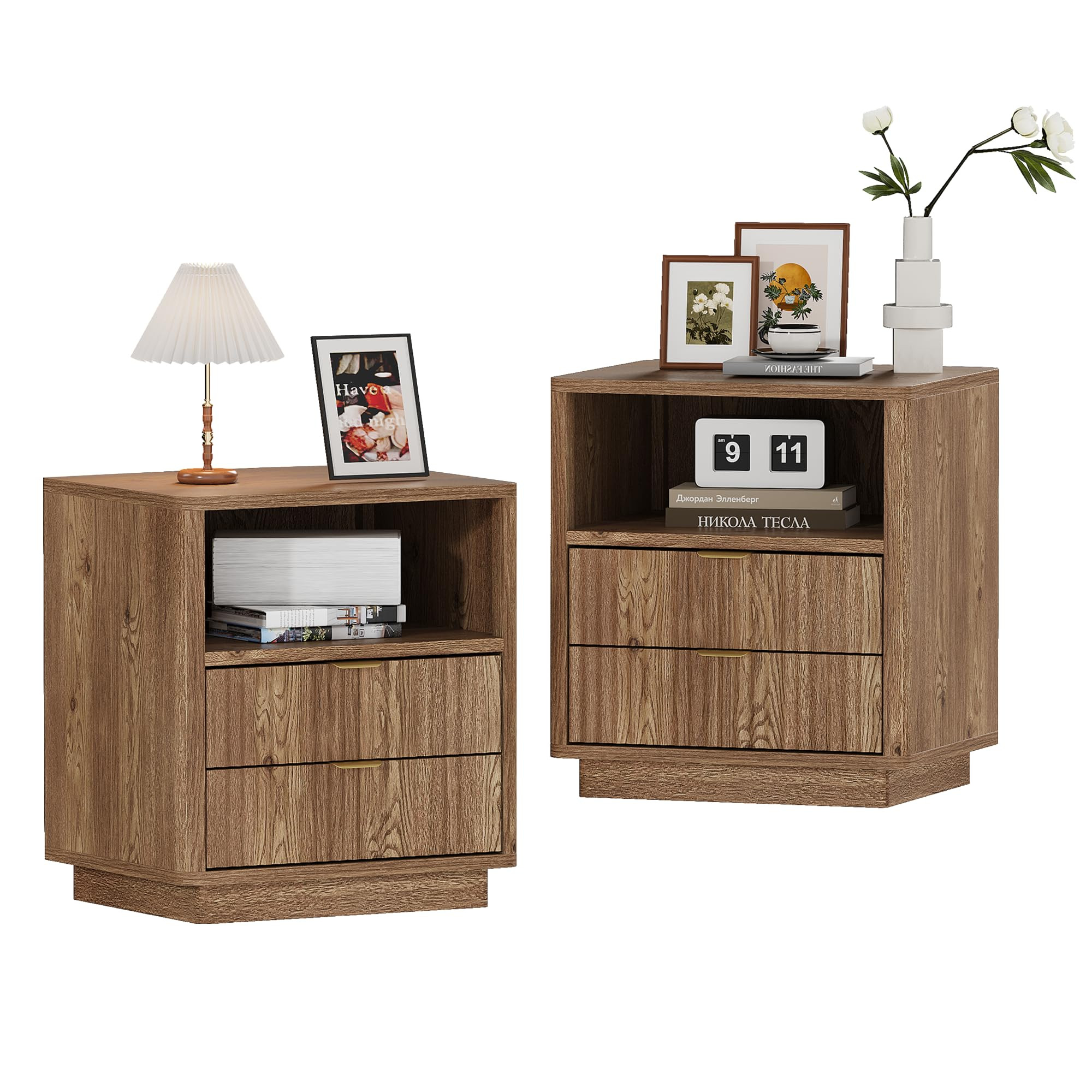 Fluted Nightstands Set of 2 - Walnult Nightstand with 2 Drawers & Open Shelves, 22" Wide Large Be... | Amazon (US)