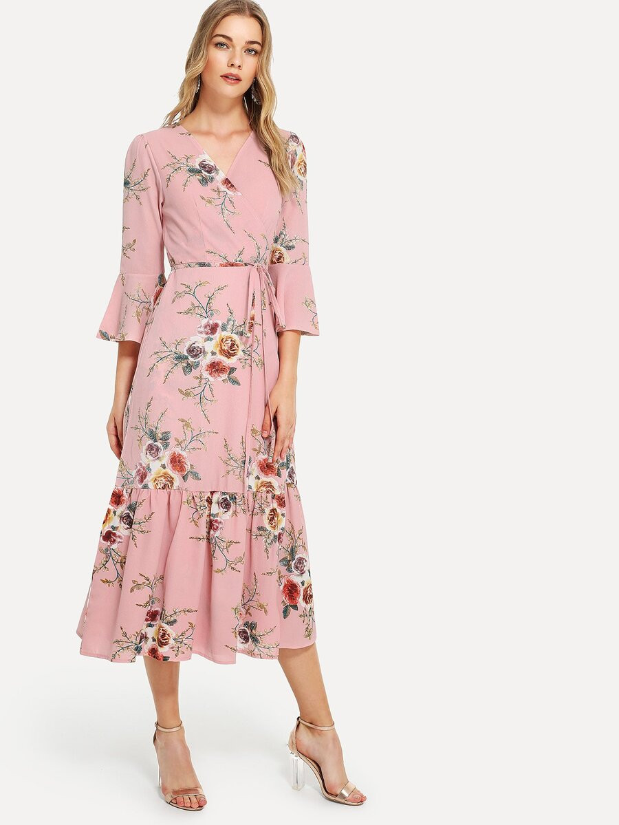 Plunge Neck Floral Print Bell Sleeve Slit Dress | SHEIN