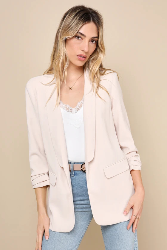 Superior Aesthetic Beige Three-Quarter Sleeve Ruched Blazer | Lulus