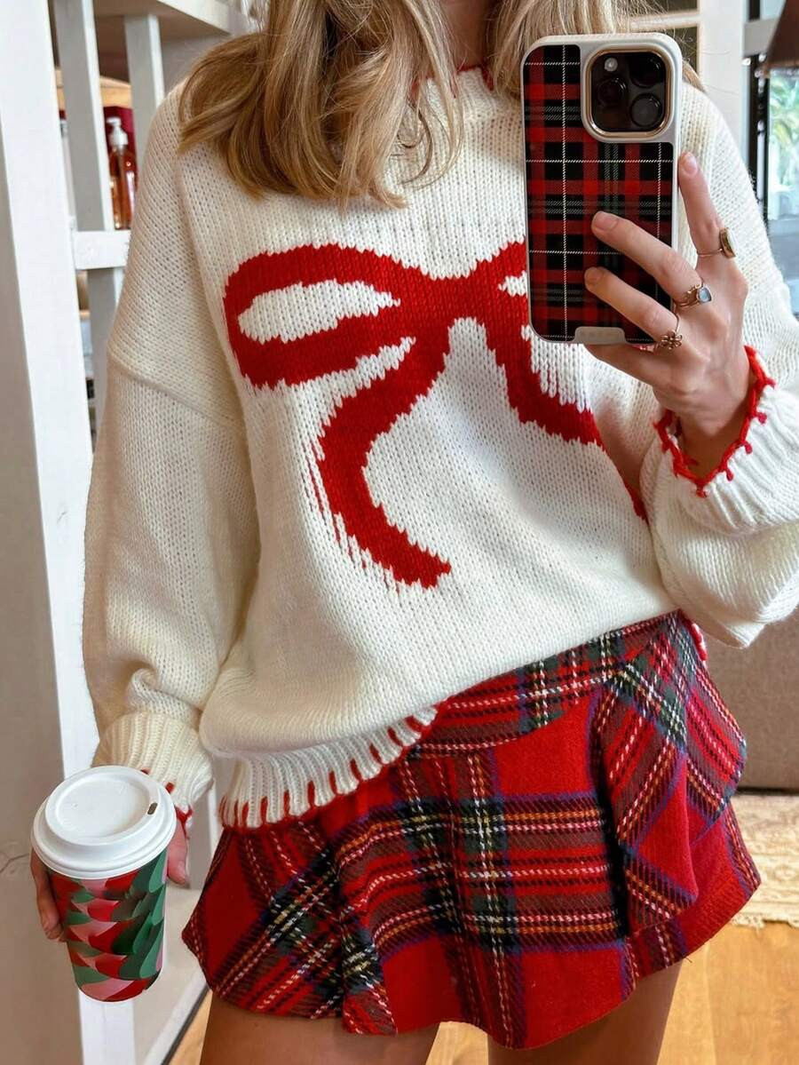 Ladies White Pullover Sweaters With Red Bows - Long Sleeve Style Perfect For Christmas/Halloween ... | SHEIN