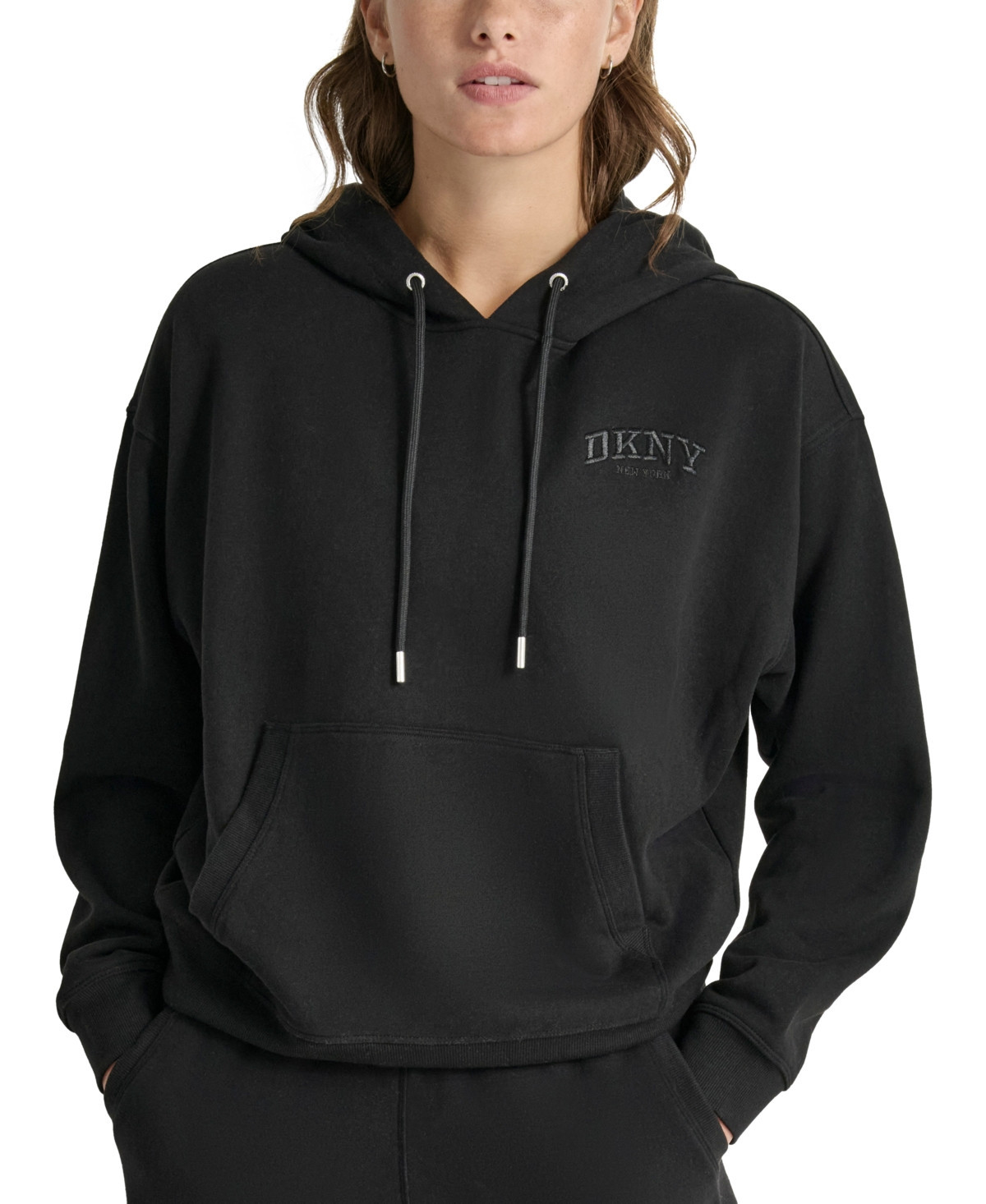 Dkny Women's Varsity Embroidered-Logo Pocket Hoodie - Black | Macy's