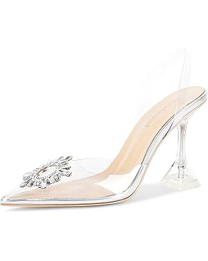 Fericzot Women's Clear Heels Shoes,Slingback Crystal Rhinestones Wedding Pointed Toe Shoes High H... | Amazon (US)