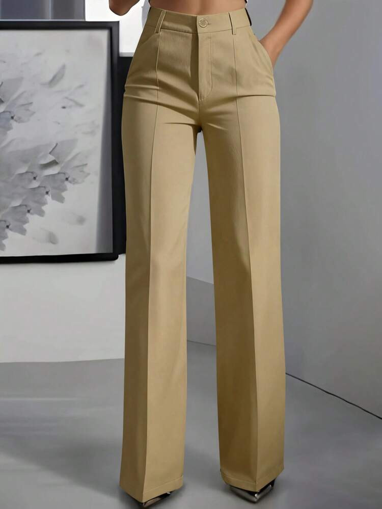 ANCHOSE Women's Khaki Slim Fit Elegant Office Pants With Tailored Details, Summer Spring | SHEIN USA | SHEIN