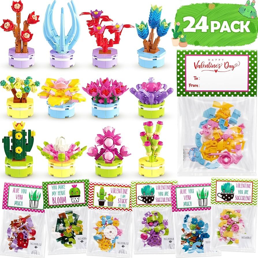 Qinline 24 Pack Valentines Day Gifts for Kids, Succulents Plants Building Blocks Kit With Valenti... | Amazon (US)