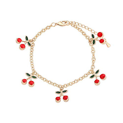 HUJUON Cute Cherry Tassel Strawberry Bracelet With Green Leaves - Fruit Food Chain Bracelet for Women | Amazon (US)