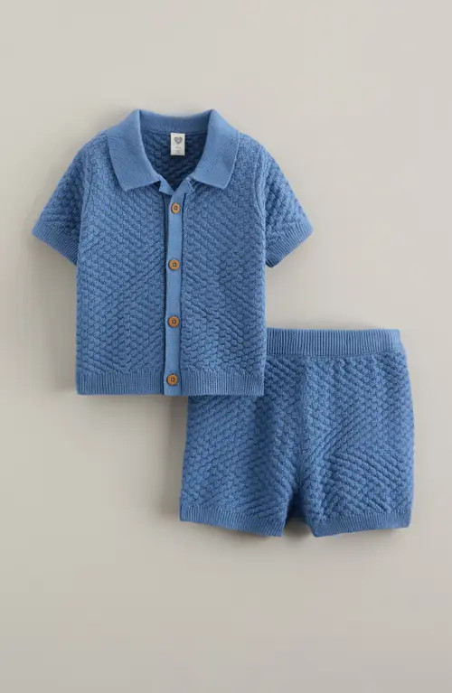 Nordstrom Short Sleeve Knit Button-Up Shirt & Shorts Set in Blue Riviera at Nordstrom, Size 3M | Nordstrom