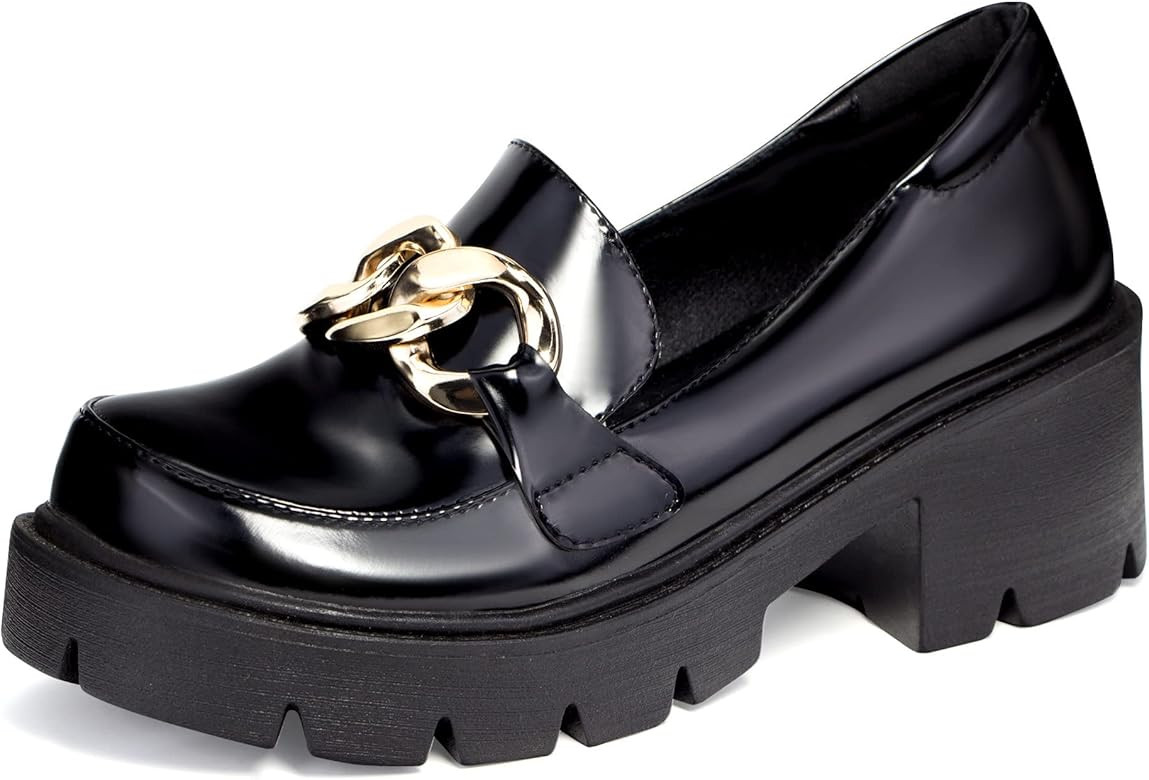 Elerhythm Women's Platform Chunky Heels Slip On Chain Loafers Casual Flat Dressy Comfortable Busines | Amazon (US)