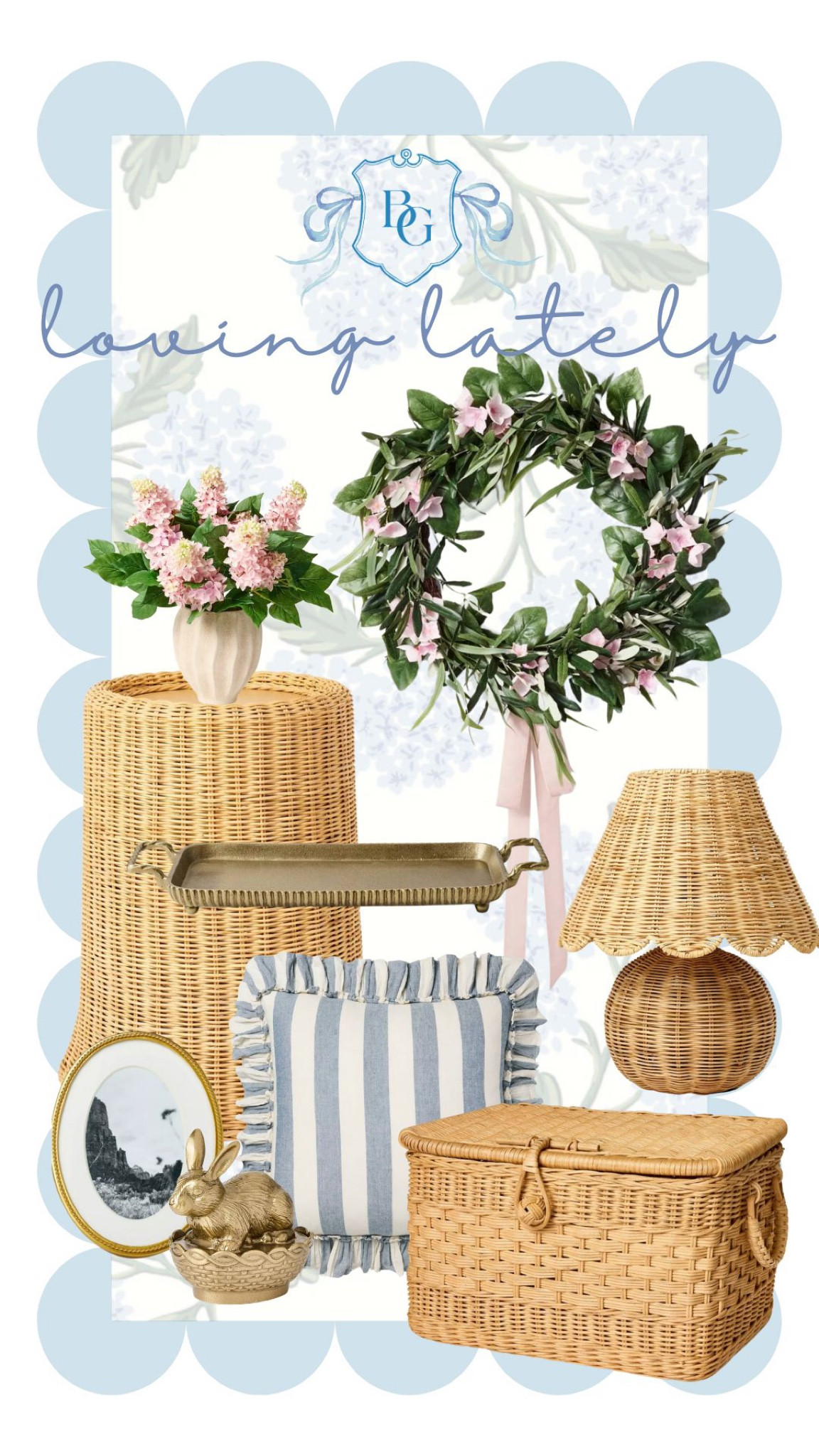 Blue and white 
Grand millennial 
Spring home decor 
Spring wreath 
Scallop table 
Rattan lamp 
Ruffle pillow 

#LTKWatchNow #LTKHome #LTKSeasonal