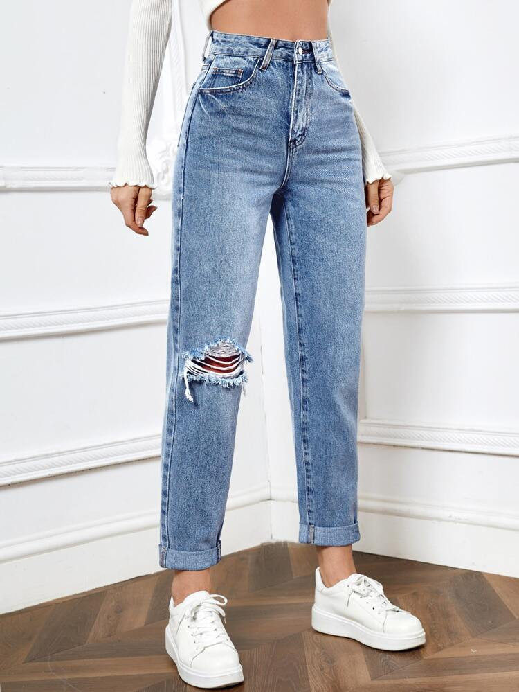 High Waist Ripped Mom Fit Jeans | SHEIN