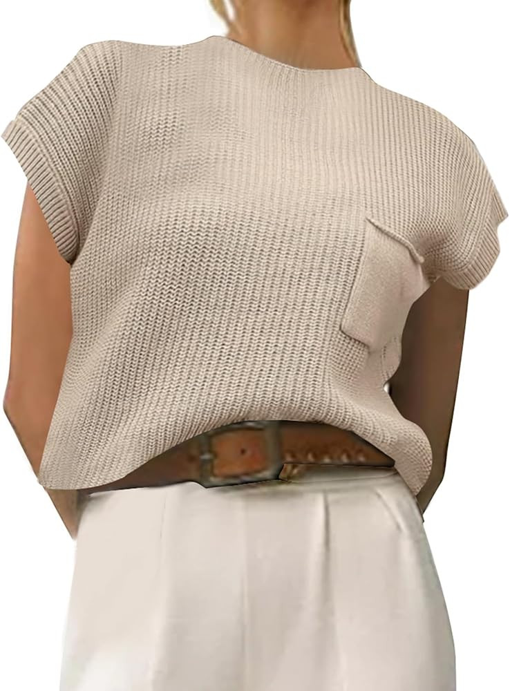 Women Sleeveless Mock Neck Sweater Vest Cap Sleeve Knit Trendy Casual Pullover Tank Top 2024 Summ... | Amazon (US)