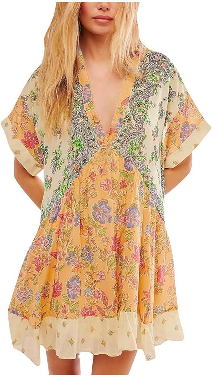 Women's Floral Boho Summer Dress Short Sleeve Plus Size Dress Patchwork V Neck Casual Ruffle Flow... | Amazon (US)