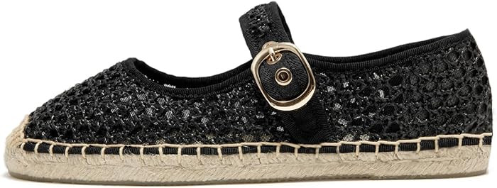 Women's Mesh Mary Jane Flat Espadrilles Woven Espadrille Outsole Canvas Fishnet Summer Ballet Fla... | Amazon (US)