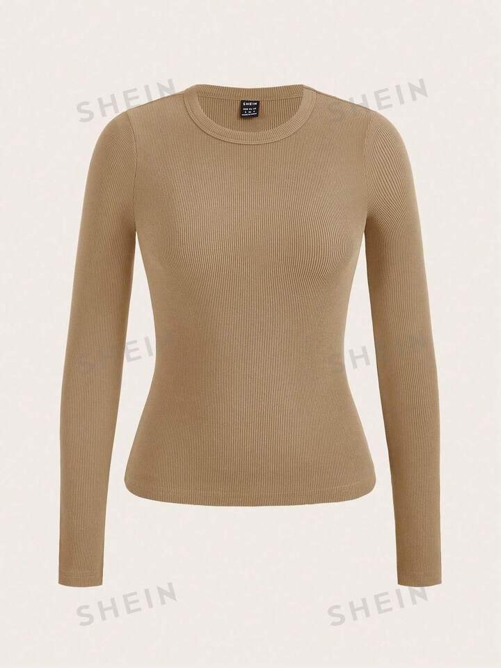 SHEIN BASICS Round Neck Long Sleeve T-shirt | SHEIN