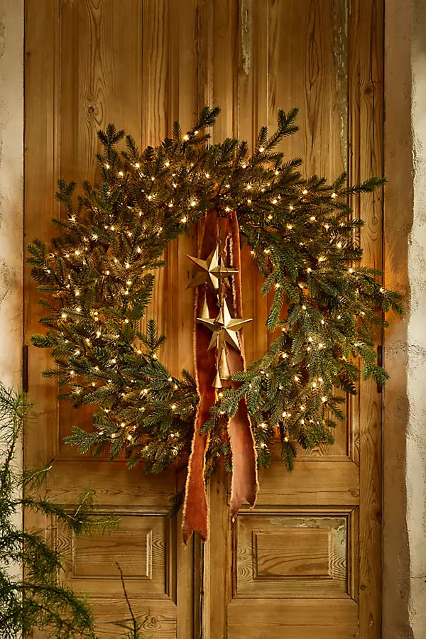 Faux Pre-Lit Outdoor Norway Spruce Wreath | Anthropologie (US)