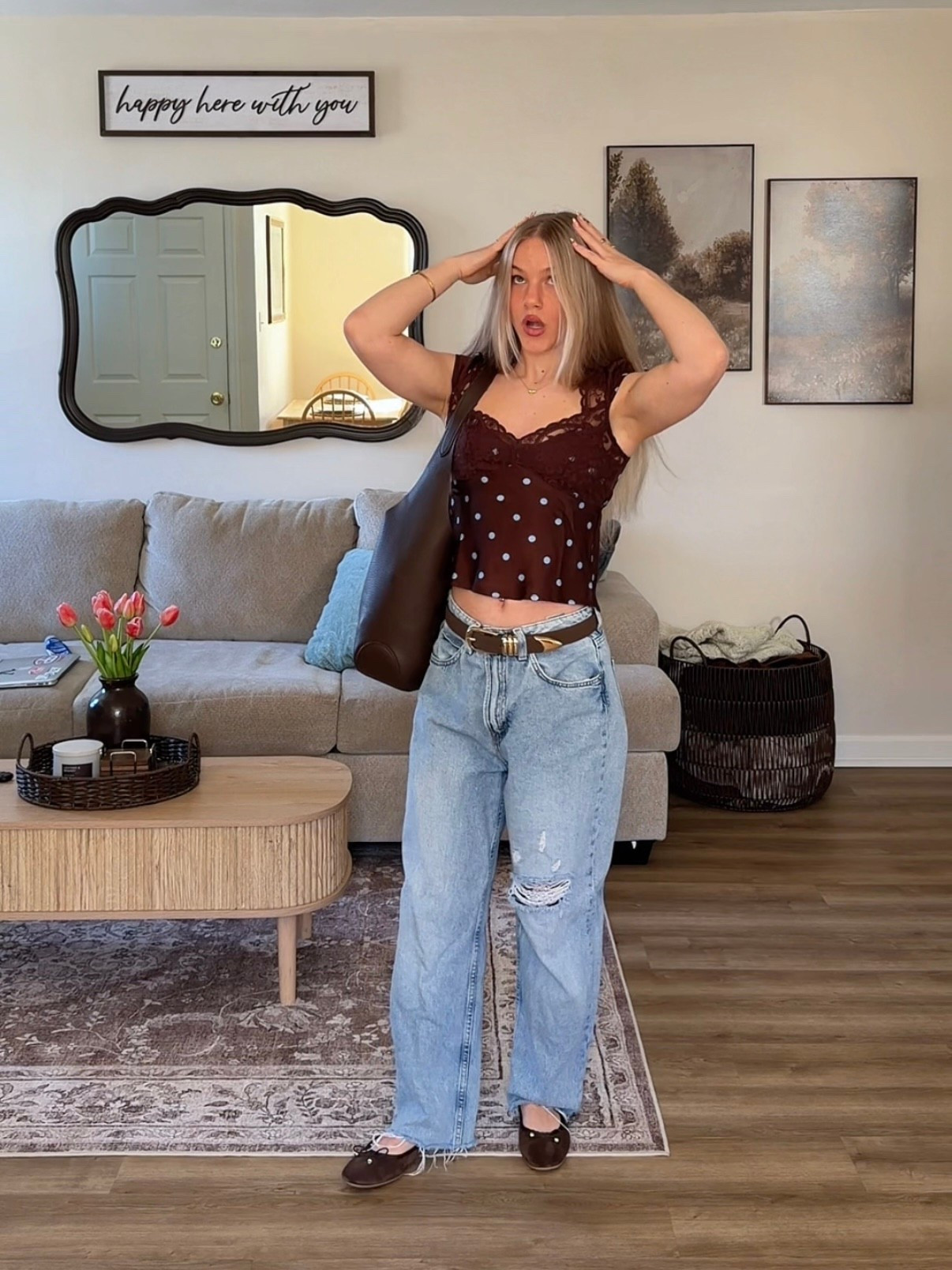 spring outfit inspo, ootd, casual spring outfit, denim, polka dots, brown and blue outfit

#LTKPetite #LTKootd #LTKSeasonal