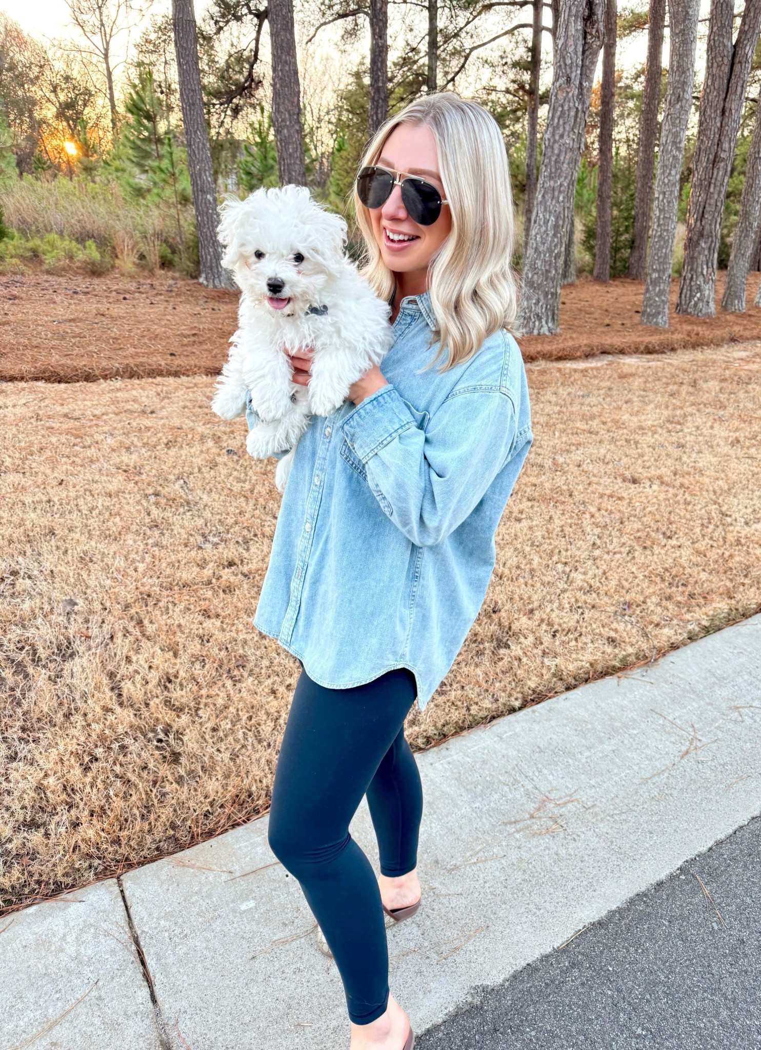 It’s been a month with this sweet boy and we’re completely obsessed with him! 🐶💙 He’s only gained 2lbs but seems HUGE since we got him! 😜 My fave oversized button down is 20% OFF in this exact color:  7 Yrs Pctr Ths Bleu ✨ Shop everything via the 🔗 in my bio!

Size XS shirt (runs big), size small leggings 

Casual outfits, Aritzia, denim tops, everyday outfits 

#LTKPetite #LTKdayinmylife #LTKFindsUnder100