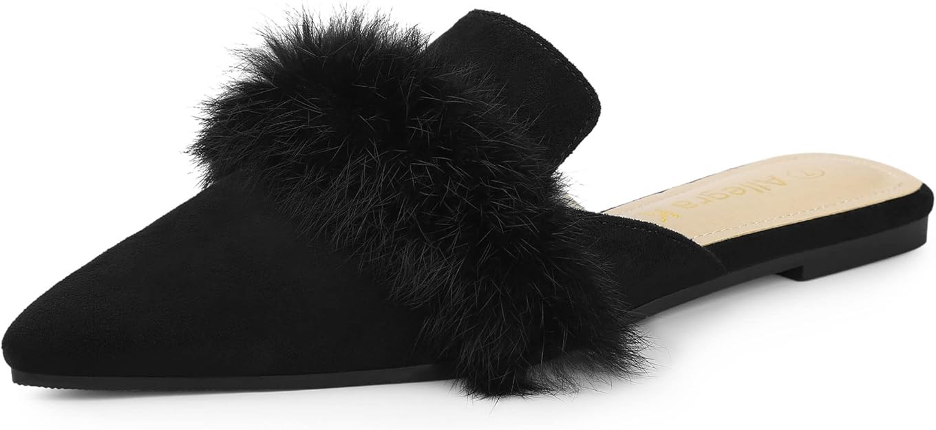 Allegra K Women's Pointed Toe Faux Fur Slip on Flat Slide Mules | Amazon (US)