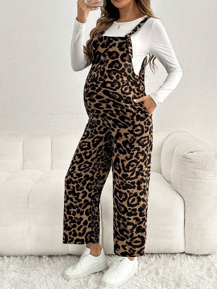 SHEIN Maternity Casual Loose Leopard Print Shoulder Strap Jumpsuit | SHEIN