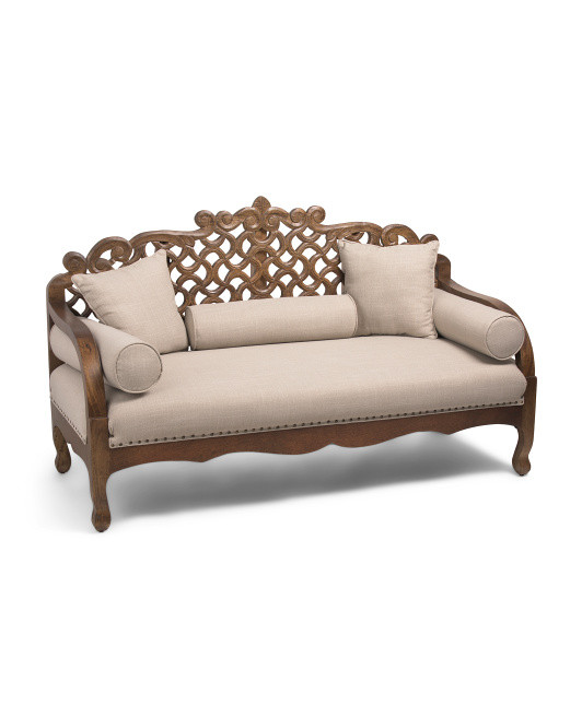 70x43 Giordano Carved Wood Settee With Seat Cushion And 5 Pillows | TJ Maxx