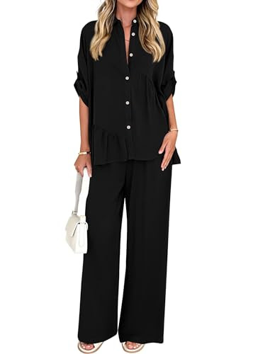 KIRUNDO Two Piece Sets for Women Summer Outfits 2025 Dressy Casual Half Sleeve Button Down Shirt ... | Amazon (US)