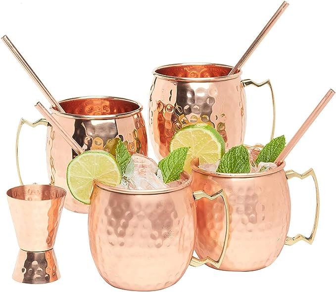 Kitchen Science Moscow Mule Copper Mugs Set of 4 (16oz) w/ 4 Straws & 1 Jigger | 100% Pure Copper... | Amazon (US)