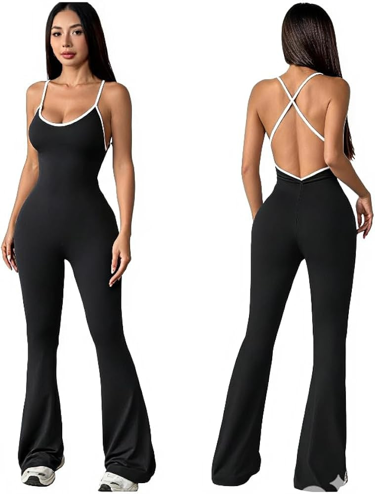 Women’s Ribbed Flare Leg Jumpsuit – One Piece Jumpsuits for Women Flare Workout Jumpsuit Wide Leg Bodysuit Backless | Amazon (US)