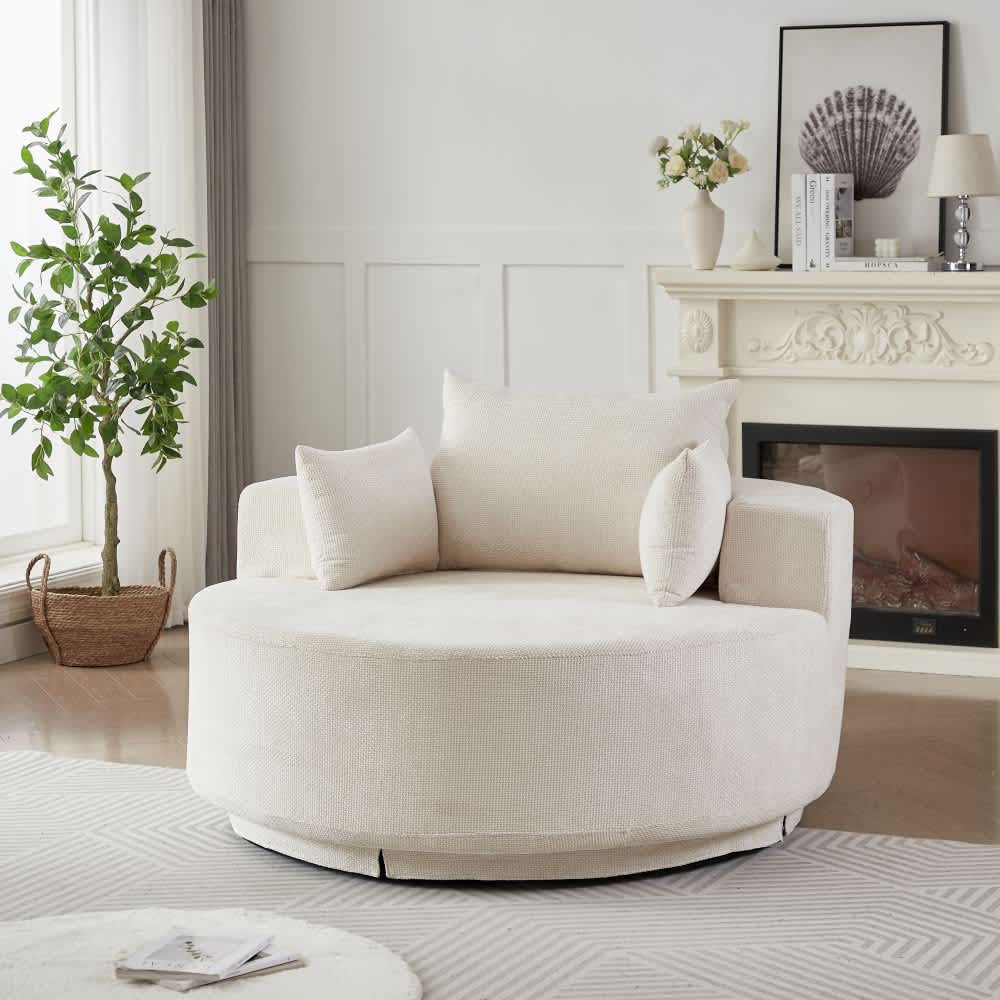 Coolbibila Fluffy 55 in Beige Chenille 360 Swivel Round Lounge Chair With Neck Pillow one_size in White | DREW-SOFA-BEIGE | Lowe's