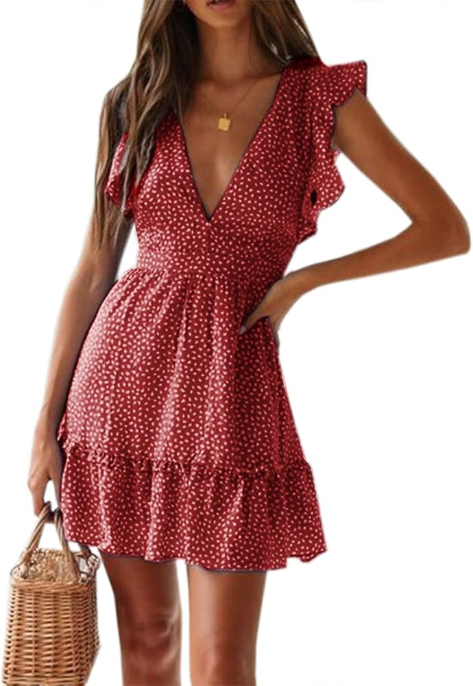 Women Floral Mini Dress Sexy V Neck Ruffle Flutter Sleeve Polka Dot Summer Dresses | Amazon (US)