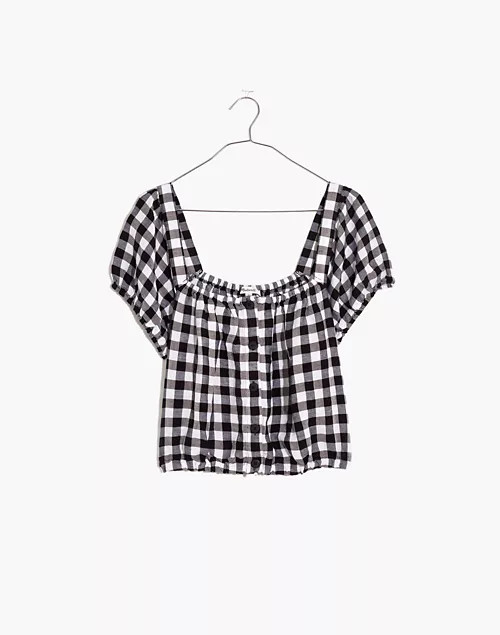 Linen-Blend Puff-Sleeve Button-Front Crop Top in Gingham Check | Madewell