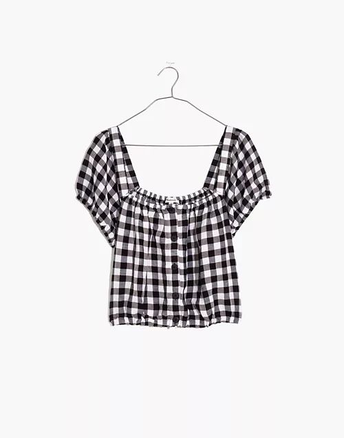 Linen-Blend Puff-Sleeve Button-Front Crop Top in Gingham Check | Madewell