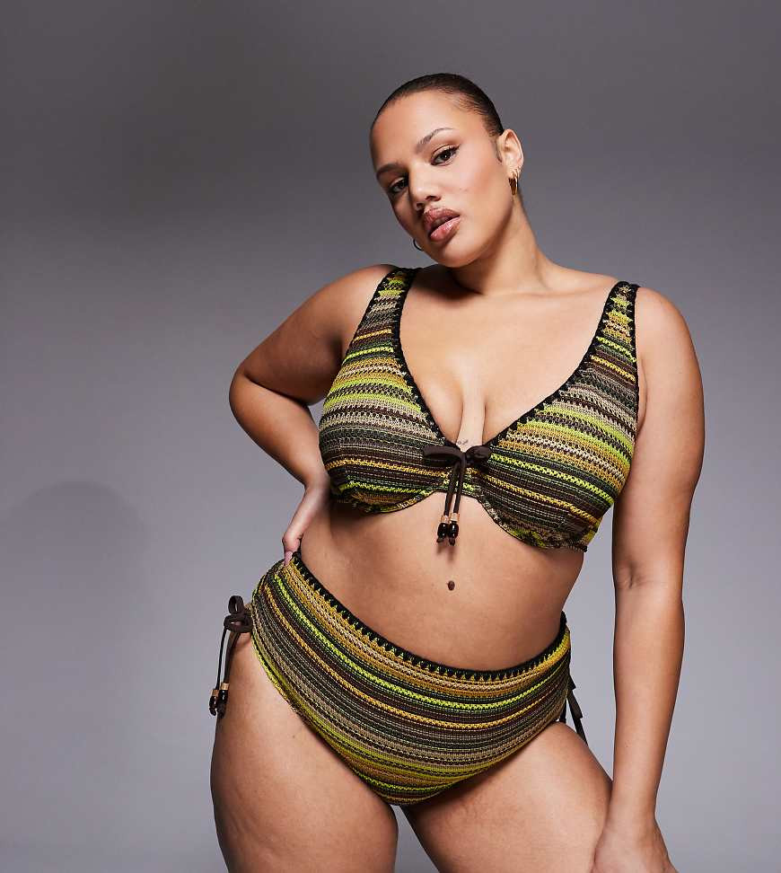ASOS DESIGN Curve Kenny crochet Sierra high waisted bikini bottom with ties in multi stripe-Yellow | ASOS (Global)