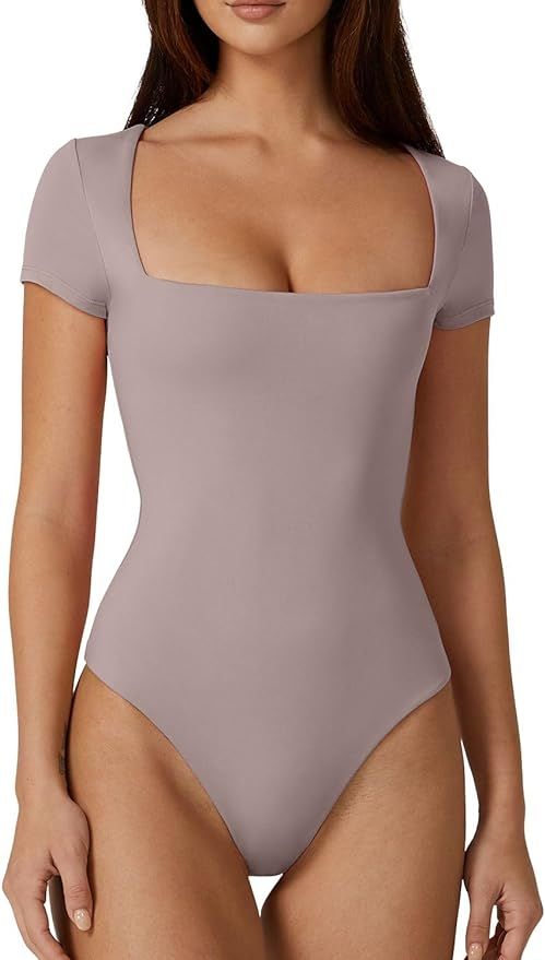 QINSEN Women's Square Neck Short Sleeve Bodysuit Sexy Body Suit Tops Double Lined Shirts | Amazon (US)