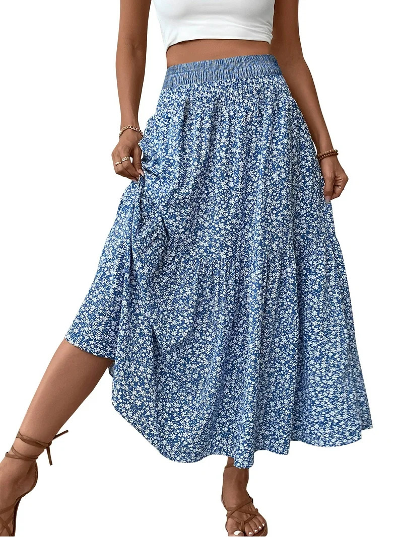 TEMOFON Womens Maxi Skirt Tiny Floral Casual Elastic Waist Ruffled Hem Ladies Summer A-Line Long ... | Walmart (US)