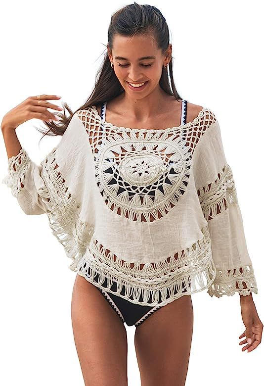 CUPSHE Women's Cover Up White Crochet Hollow Out Swimsuit | Amazon (US)