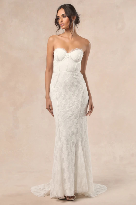 Imani White Lace Bustier Mermaid Maxi Dress | Lulus