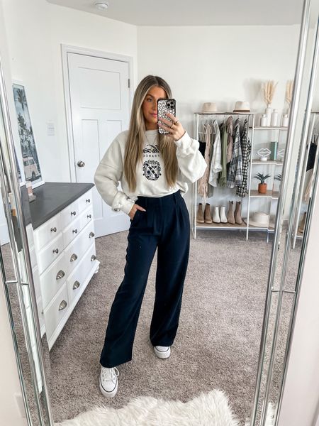 Comfy and casual outfit inspo
+ Abercrombie sweatshirt - small
+ Abercrombie tailored trousers - xs short 
+ converse platform - size down half size 

#LTKSeasonal #LTKunder100 #LTKstyletip