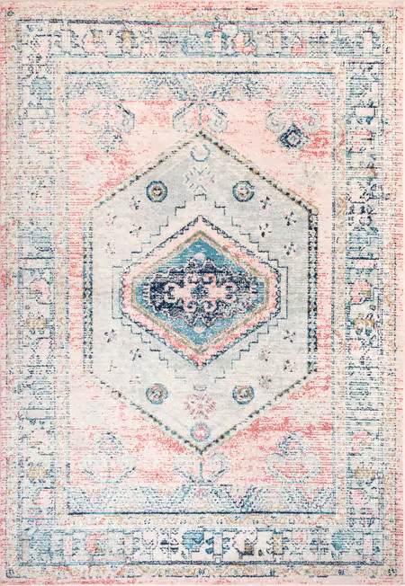 Light Pink Distressed Jewel Medallion 6' 7" x 9' Area Rug | Rugs USA