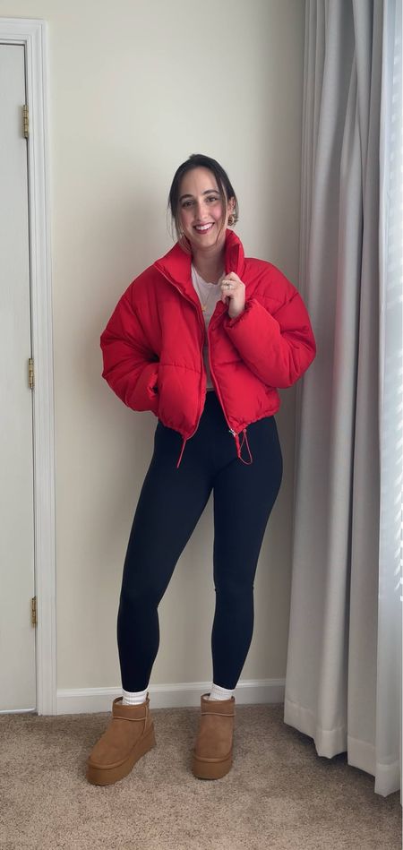 Red puffer jacket H&M 
Lululemon aligns 
White tee Abercrombie 
Platform Ugg inspired boots 
Slouchy socks 
Initial necklace 
Winter casual outfit 

#LTKSeasonal #LTKfindsunder100