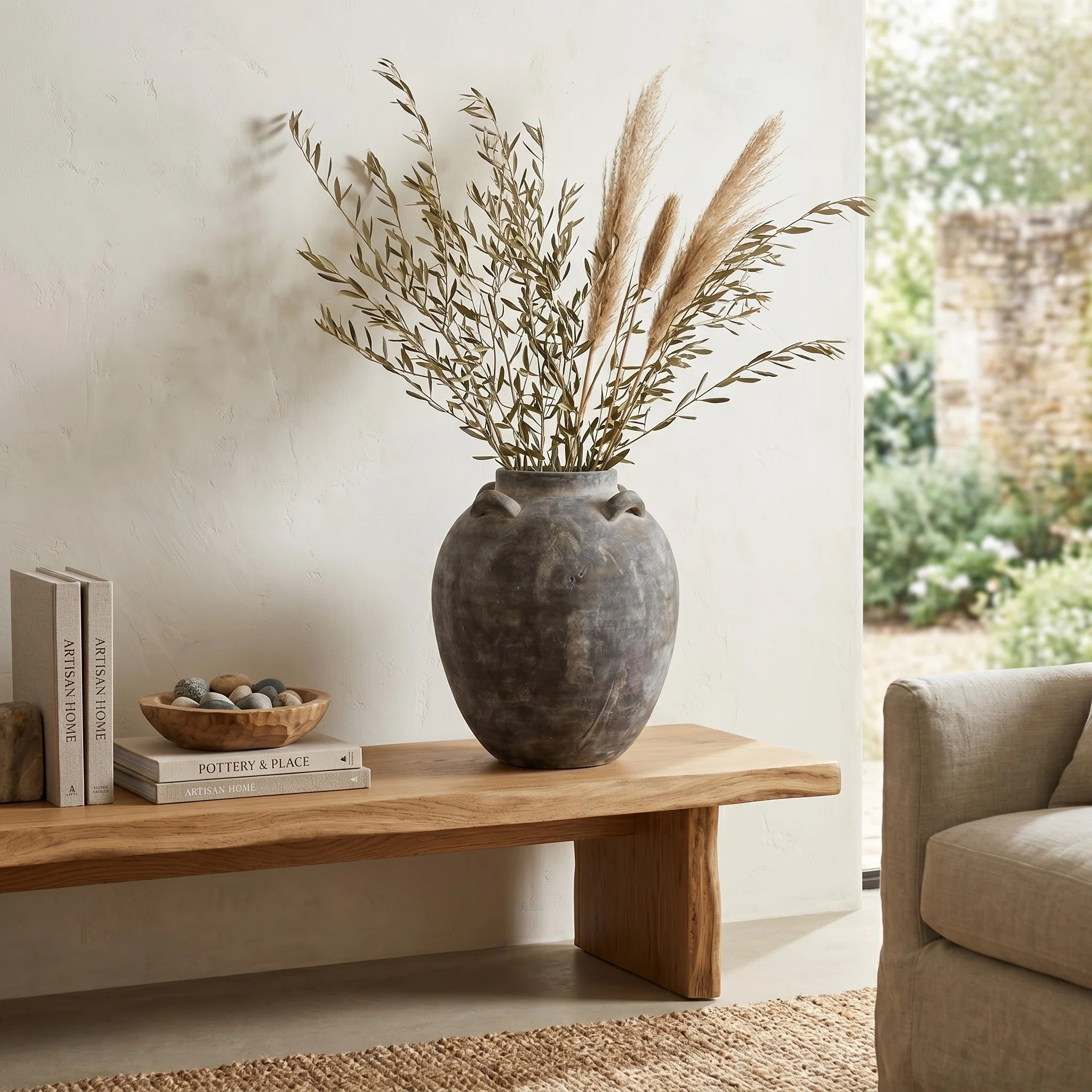Sculptural Stoneware Tall Table Vase - Casual Vases With Small Round Handles - Elegant Flower Vase For Home Decor Display - 15", Brown | Wayfair North America