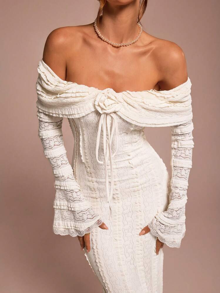 SHEIN BAE Tea Break Outfit Sweet And Elegant Dress Off-Shoulder Long-Sleeved Dress Date Outfit 3D Floral Dress | SHEIN