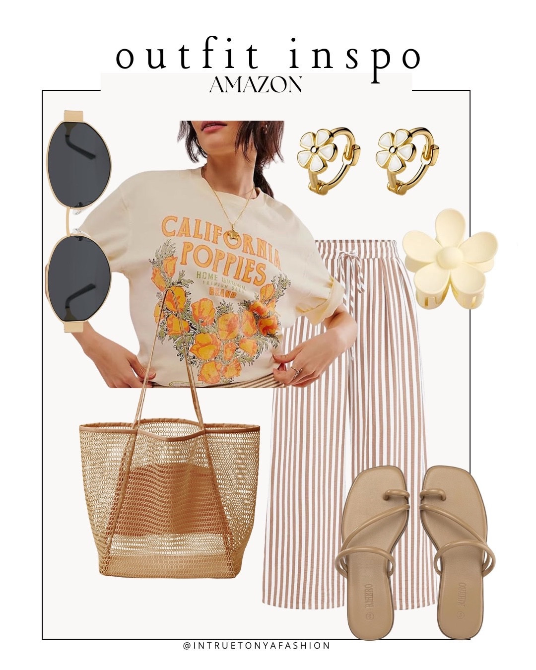 Amazon spring outfit idea — graphic tee, striped wide leg pants, sandals, flower earrings, and mesh tote bag






outfit inspo, outfit ideas, casual outfits amazon, amazon outfits every day, spring outfits 2026, summer outfits

#LTKPetite #LTKootd #LTKSaleAlert
