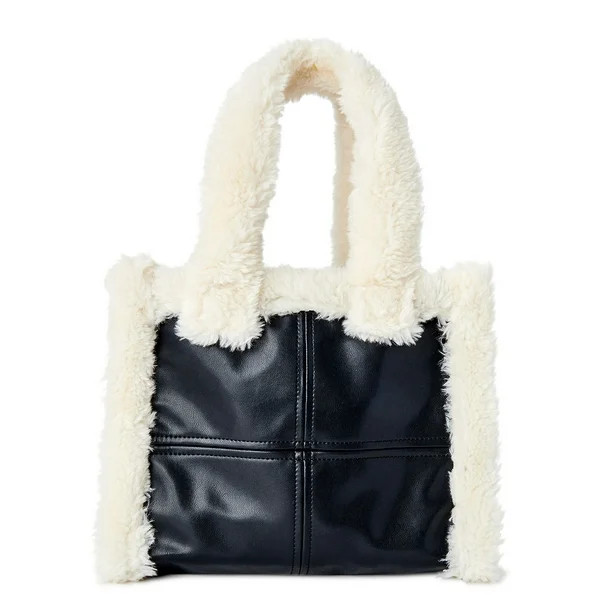 No Boundaries Women's Square Sherpa Tote Bag Black Off-White- Small - Walmart.com | Walmart (US)