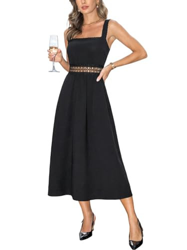 CUPSHE Women's Summer Dresses Square Neck Sleeveless Scalloped Eyelet Lace Straps Midi Dress Midnight Black, L | Amazon (US)