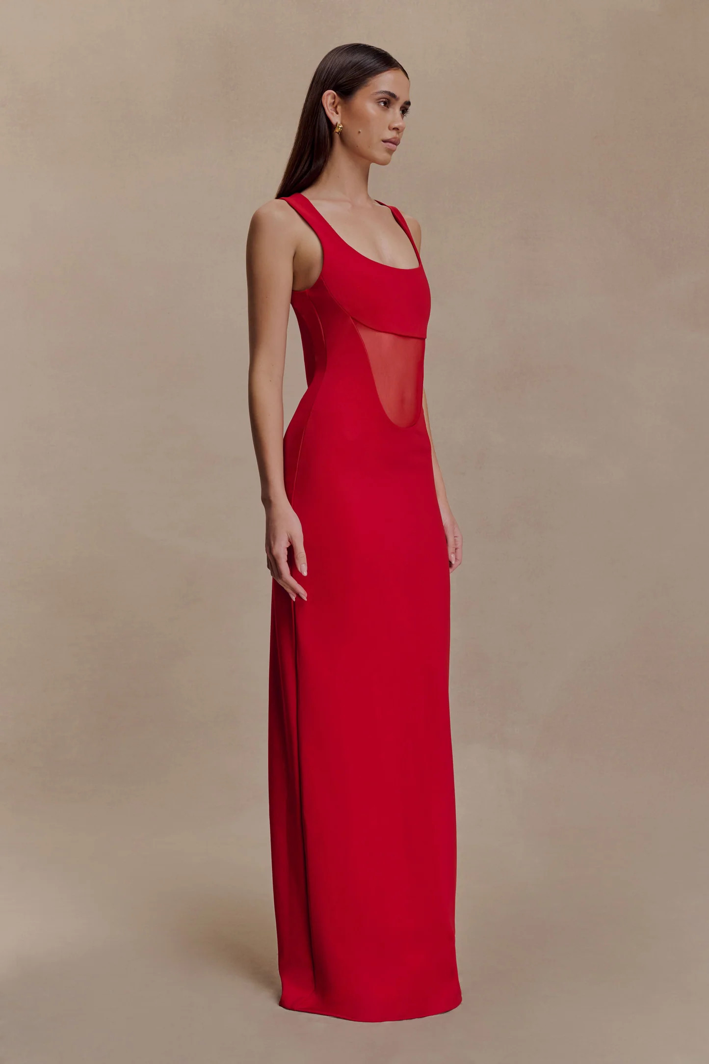 Marlon Crepe And Mesh Maxi Dress - Cherry Red | MESHKI US