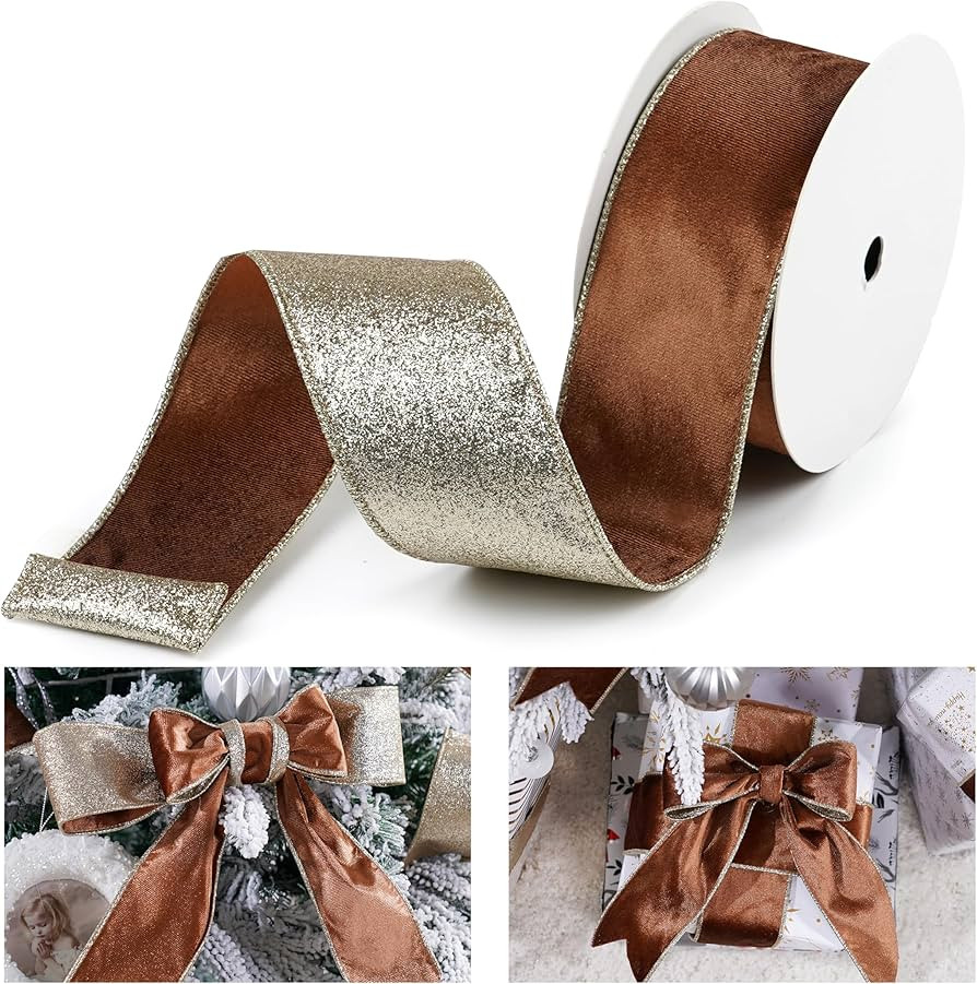 Brown Velvet Wired Ribbon with Glitter Back 2.5 Inch Camel Christmas Ribbon Wired Reversible Ribb... | Amazon (US)