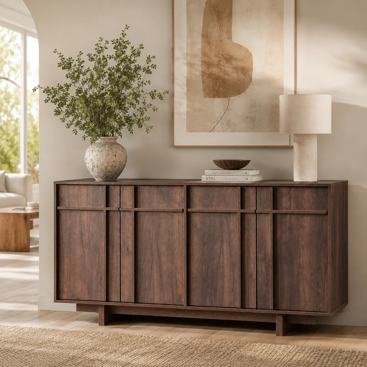 Sideboard Buffet Cabinet With Storage, Mid Century Modern Accent Cabinet With Skeleton Line & Woo... | Wayfair North America