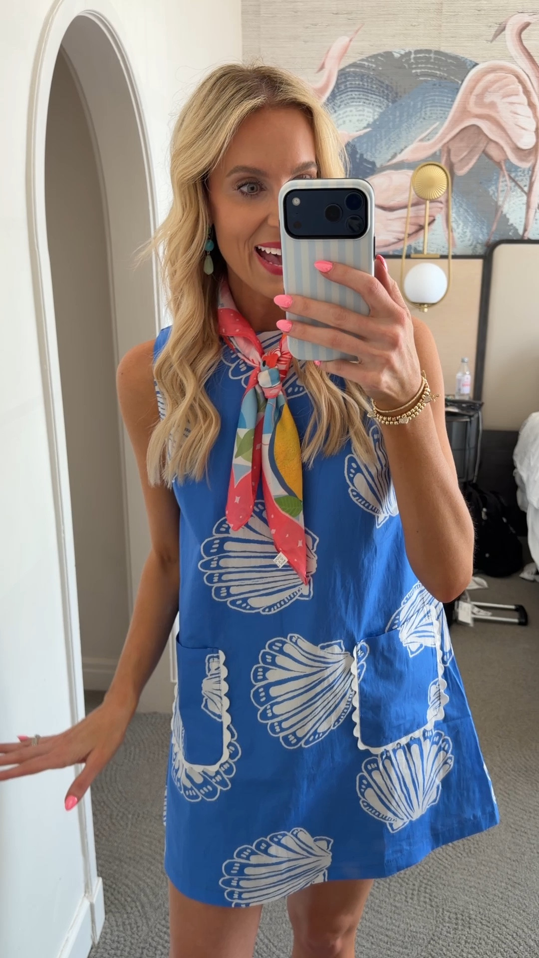 Obsessed with this blue shell dress and scarf from the new @shopavara drop!! Consider sizing down. Use code AMYANN15 for a discount  